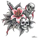 1 lily with a dagger, 1 lily crying blood, 1 lily with a skull in the center tattoo design idea