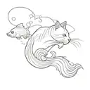 An abstract design of a cat chasing clouds and Betta fish in a minimalist style tattoo design idea