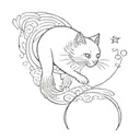 An abstract design of a cat chasing clouds and Betta fish in a minimalist style tattoo design idea