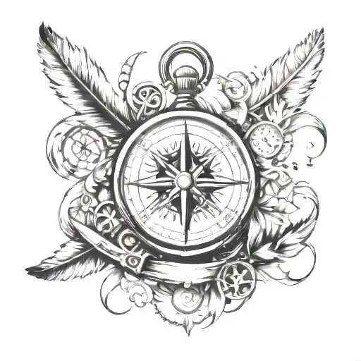 feather, compass, anchor, , pocket watch surrounded tattoo design idea