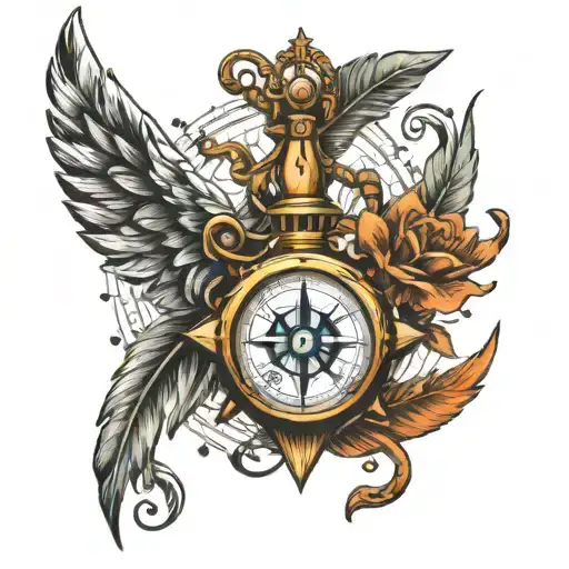 feather, compass, anchor, wings , pocket watch  tattoo design idea
