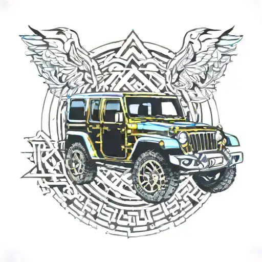 jeep wrangler 4 door, mountains, full moon, eagle, coloured  tattoo design idea