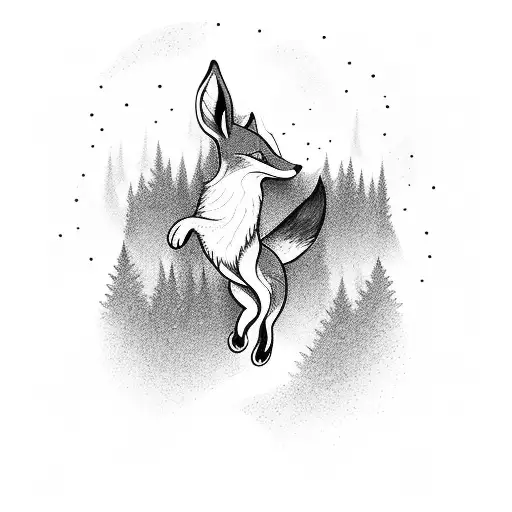 A fox gracefully leaping over a tranquil blue river in a forest tattoo design idea