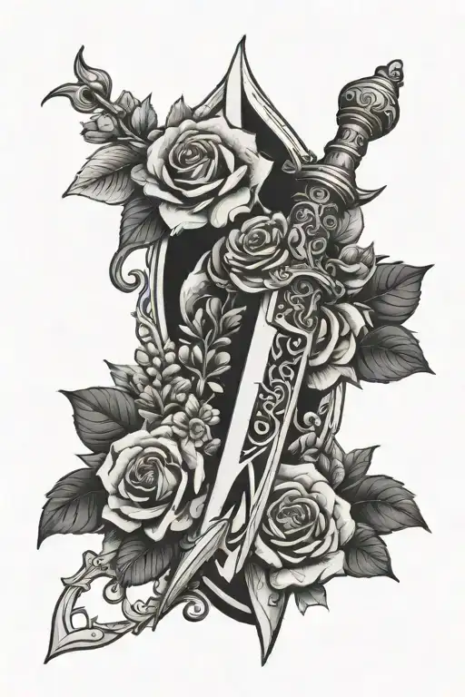 dagger with flowers tattoo design idea