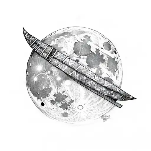 sketched full moon with footprints on it. and 2 swords stucked tattoo design idea