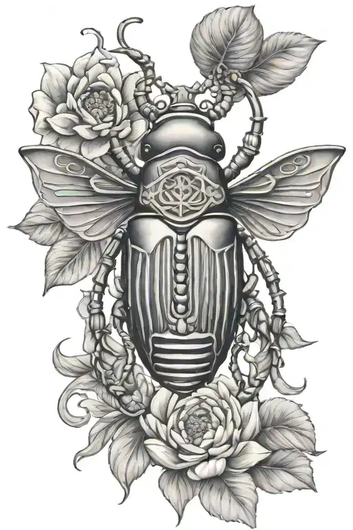 pretty scarab beetle in centre of dainty ankh with blooming lotus flower tattoo design idea