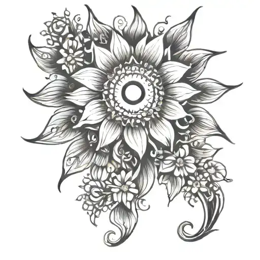 sun from sublime shining down on flowers that wrap around arm tattoo design idea