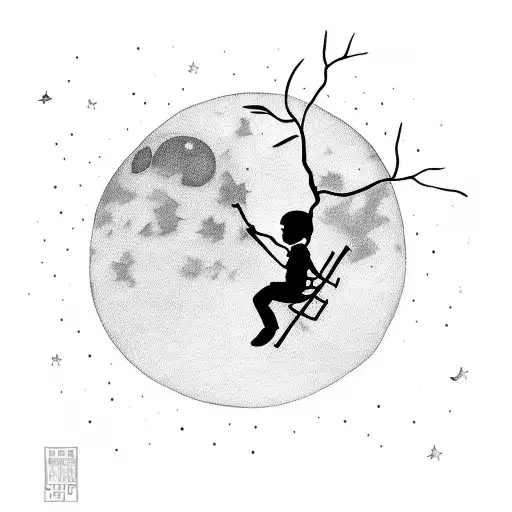 a little boy swinging on a weeping willow tree under a full moon  tattoo design idea