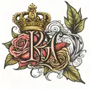 letters R and A with a crown and roses tattoo design idea