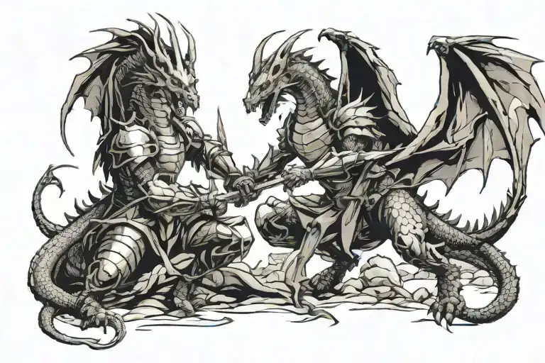 the dragon fights the knight and guards the castle tattoo design idea