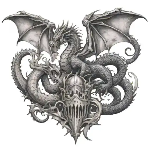 the dragon fights the knight and guards the castle tattoo design idea