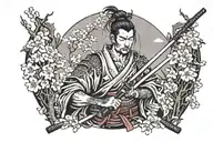 samurai in sakura branches with a sword tattoo design idea
