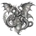 the dragon fights the knight and guards the castle tattoo design idea