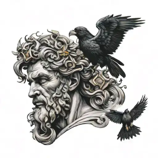 zeus Mount Olympus Gods with the crow perched tattoo design idea