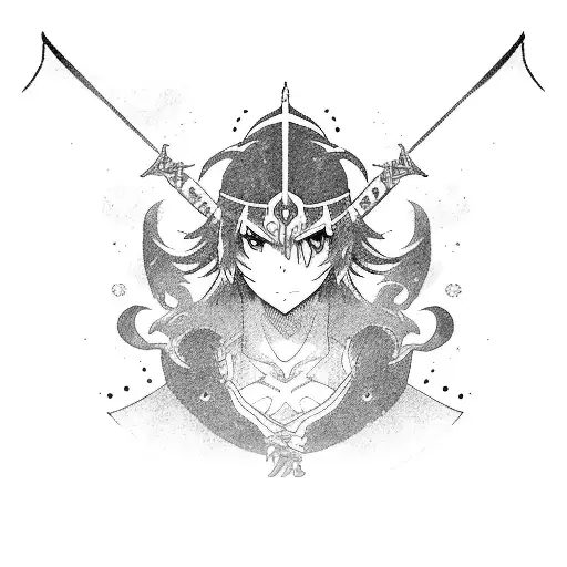 An anime character wielding a sword with a background of Korean and Japanese symbols tattoo design idea