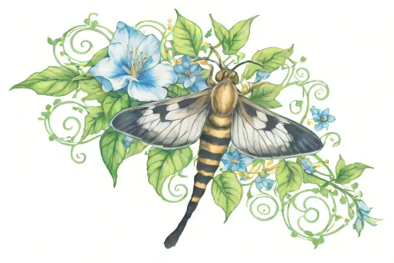 Tramp stamp with a White Lined Sphinx Moth, surrounded by honeysuckle and morning glory vines. Add an inconspicuous H. tattoo design idea