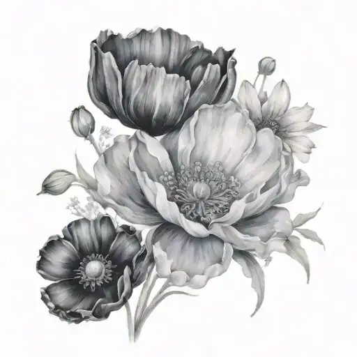 Black And Grey "Poppy, Chrysanthemum, Daisy, Lilly Of The Valley, Narcissus, Cosmos Flower Boquet tattoo design idea