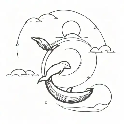 waves whale sun and moon tattoo design idea