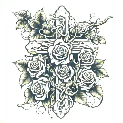 Cross wrapped by roses and vines growing tattoo design idea