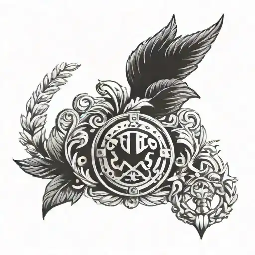 A laurel wreath and a shield containing the gods Ares, Athena, Hermes, Artemis and Hades tattoo design idea