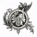 A laurel wreath and a shield containing the gods Ares, Athena, Hermes, Artemis and Hades tattoo design idea