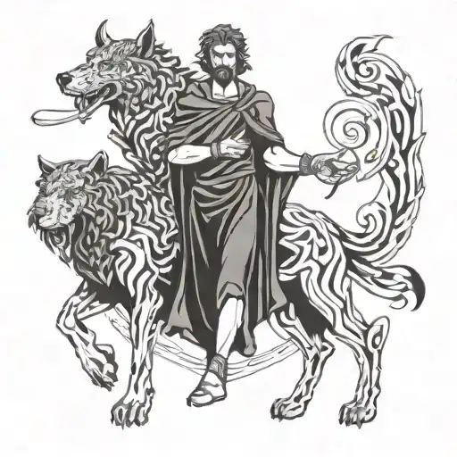 hades Holding Cerberus in left Hand, Right Hand Holding a Bident  tattoo design idea