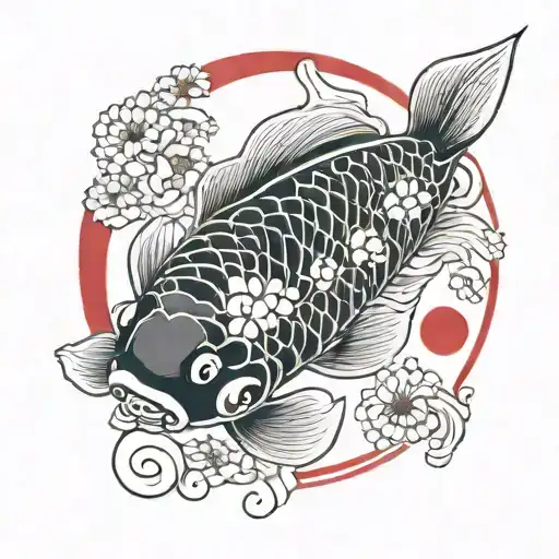 Japanese style koi fish in a black rectangle square with a red circle as a sun tattoo design idea