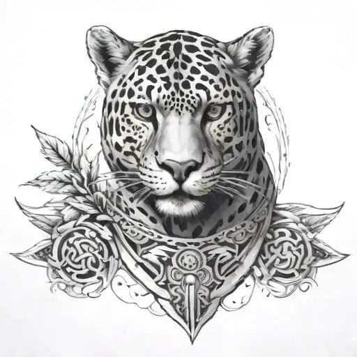 A black-grey tattoo of a fierce jaguar adorned with ancient Greek armor and symbols, symbolizing the client's love for both gaming and ancient history tattoo design idea