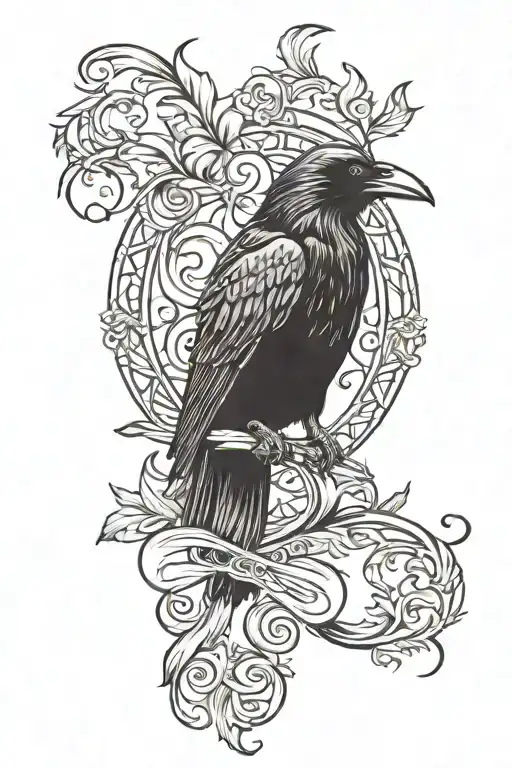 raven with thin scroll wrapping for quote tattoo design idea
