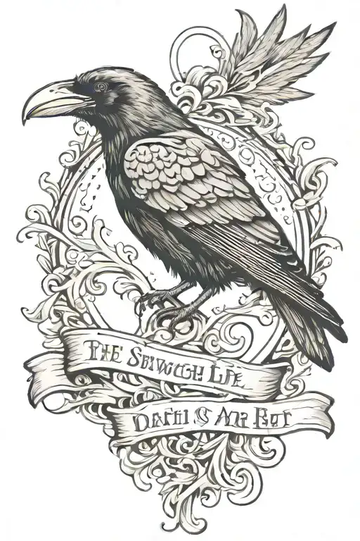 raven with thin scroll wrapping with  quote "The which divide life from Death are at best shadowy and vague tattoo design idea