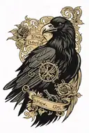 gothic raven with thin scroll wrapping with  quote "The which divide life from Death are at best shadowy and vague tattoo design idea