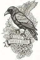 raven with thin scroll wrapping with  quote "The which divide life from Death are at best shadowy and vague tattoo design idea