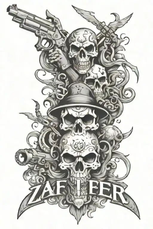 the word "zaffer" with evil and demons and guns money drugs tattoo design idea