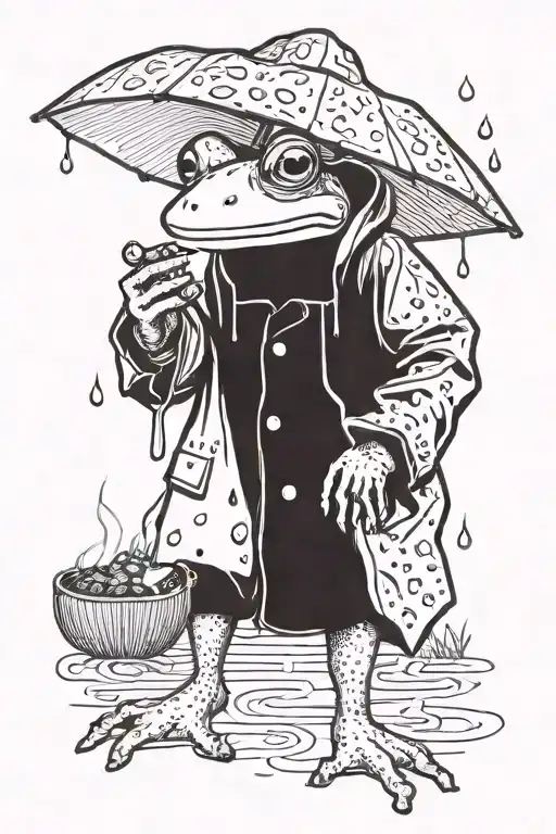 Frog wearing rain coat smoking cigarette while holding mushroom as umbrella tattoo design idea