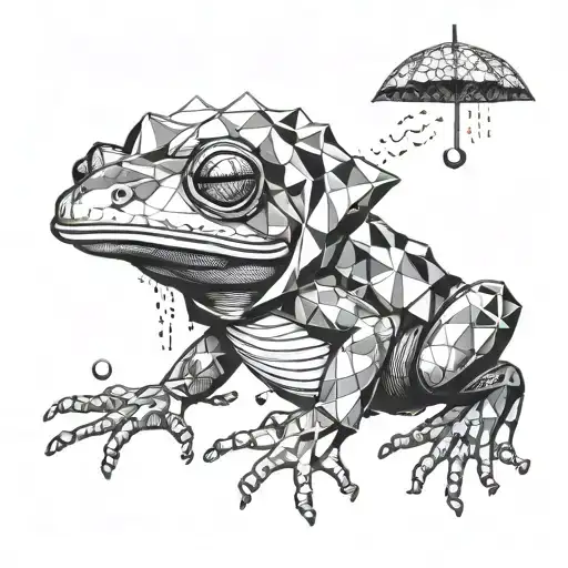 Frog wearing rain coat smoking cigarette while holding mushroom as umbrella tattoo design idea