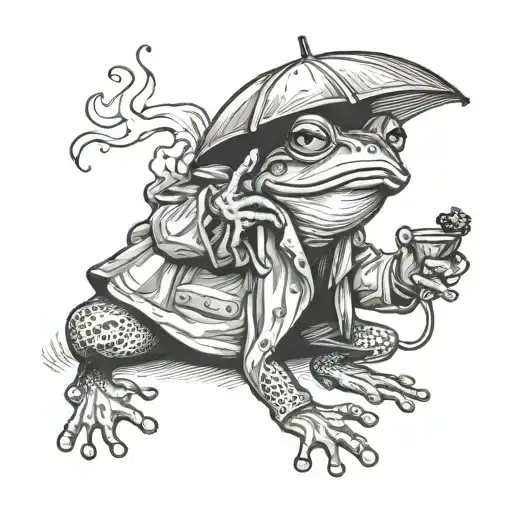 Frog wearing rain coat smoking cigarette while holding mushroom as umbrella tattoo design idea