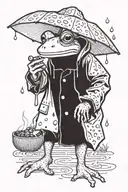 Frog wearing rain coat smoking cigarette while holding mushroom as umbrella tattoo design idea