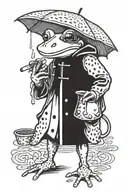 Frog wearing rain coat smoking cigarette while holding mushroom as umbrella tattoo design idea