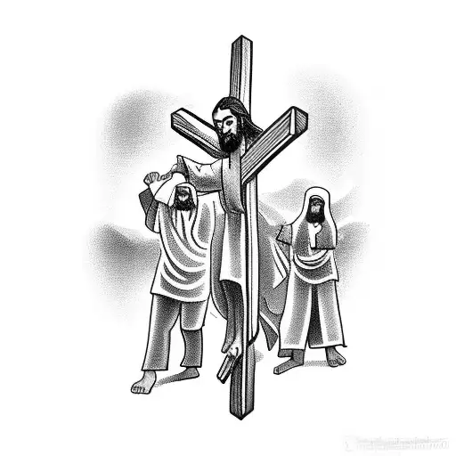 Jesus carrying cross with crowd and 3 crosses in background tattoo design idea