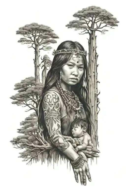 native princess holding the hand of a little boy tocuhing a redwood tree tattoo design idea