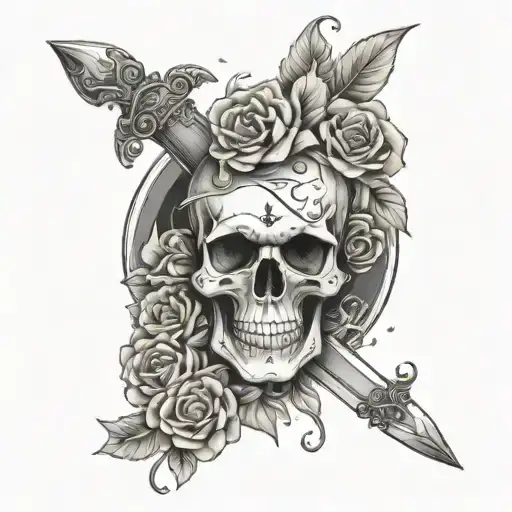 skull with dagger and surrounded with flowers tattoo design idea
