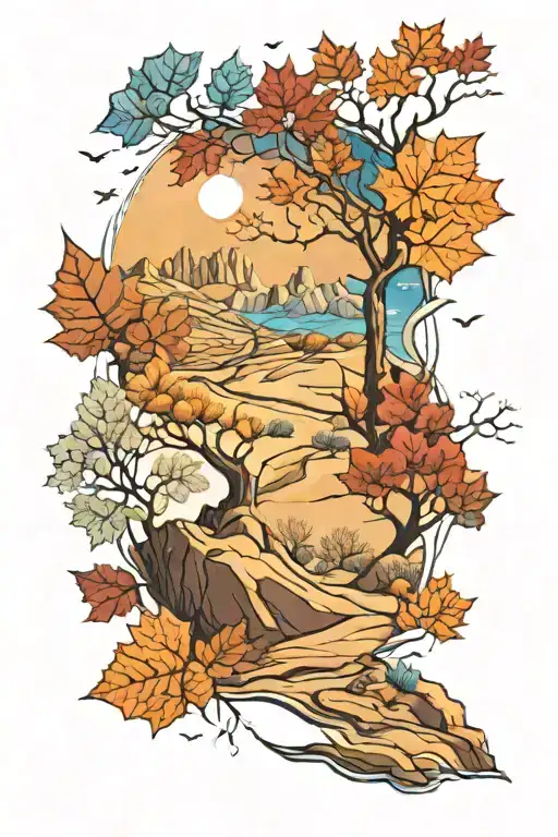 half autumn leaves falling and half desert landscape tattoo design idea