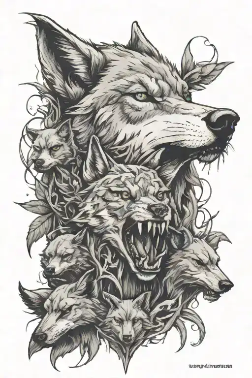 wolf faces amongst viles of poisons and acids tattoo design idea