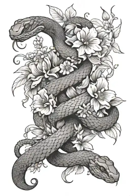 snake wrapping around blooming wild flowers growing tattoo design idea