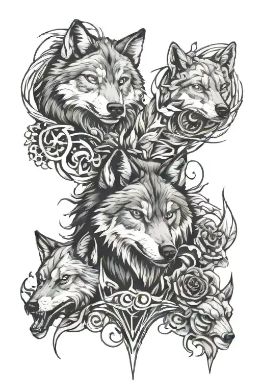 wolf faces amongst viles of poisons and acids tattoo design idea