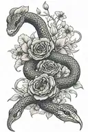 snake wrapping around blooming wild flowers growing tattoo design idea