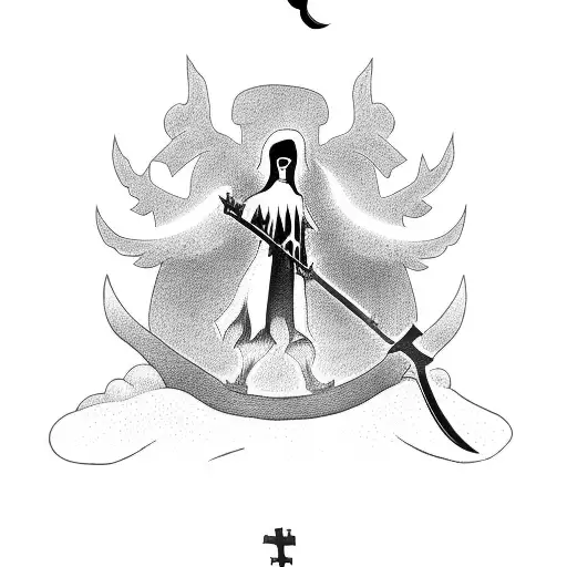 Grim reaper standing in a cemetery, with a sickle made of moonlight shining above tattoo design idea