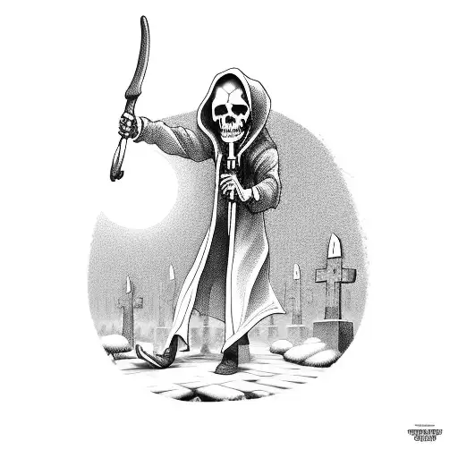 Grim reaper standing in a cemetery, with a sickle made of moonlight shining above tattoo design idea