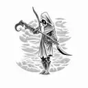 Grim reaper standing in a cemetery, with a sickle made of moonlight shining above tattoo design idea