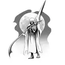 Grim reaper standing in a cemetery, with a sickle made of moonlight shining above tattoo design idea